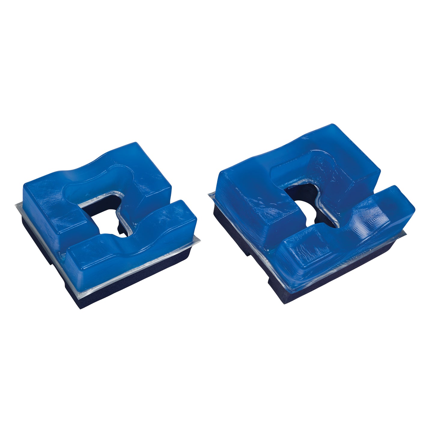 Two AliMed AliBlue Gel Prone Head Pads in blue, designed to provide comfort and support, shown from a top angle.