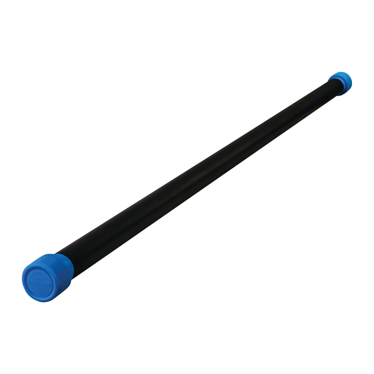 A black CanDo WaTE Bar with blue end caps, designed for exercise or physical therapy, against a white background.