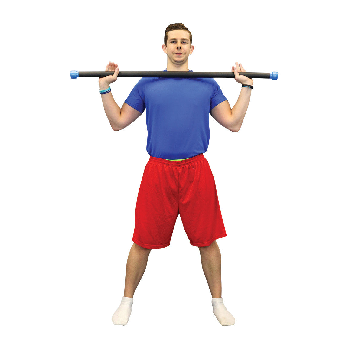 A person in a blue shirt and red shorts holds a CanDo WaTE Bar across their shoulders, standing with feet apart on a white background.
