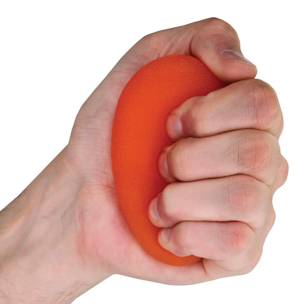 A person's hand gripping an orange Eggsercizer Hand Exerciser, showing the device being squeezed for stress relief or hand therapy.