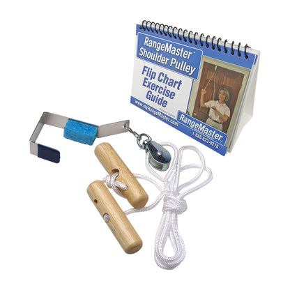RangeMaster Shoulder Pulley set includes wooden handles, a metal bracket with pulley, a white rope, and a flip chart exercise guide.