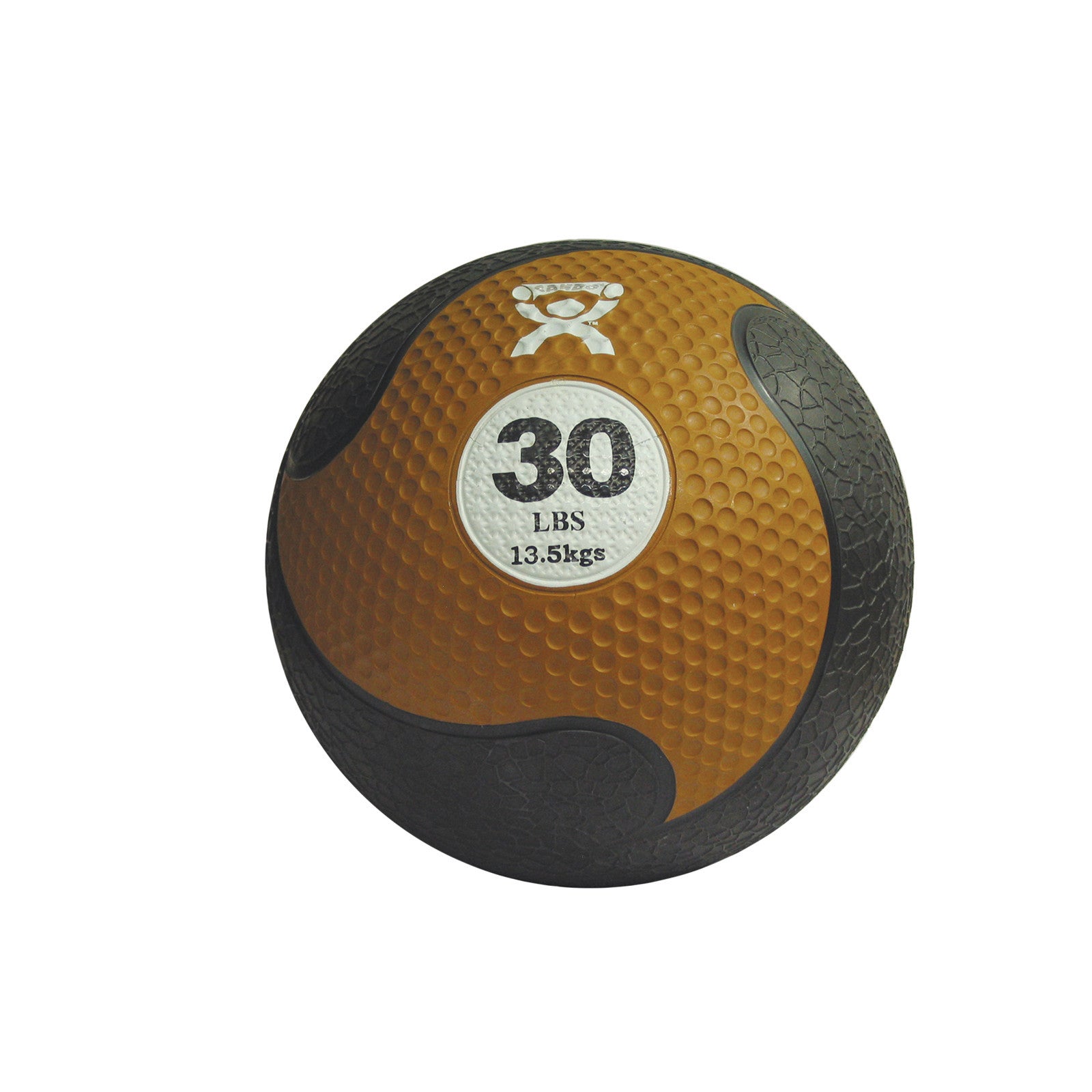 CanDo Rubber Medicine Ball, orange and black with a textured surface, weighs 30 lbs (13.5 kgs) and features a workout icon.
