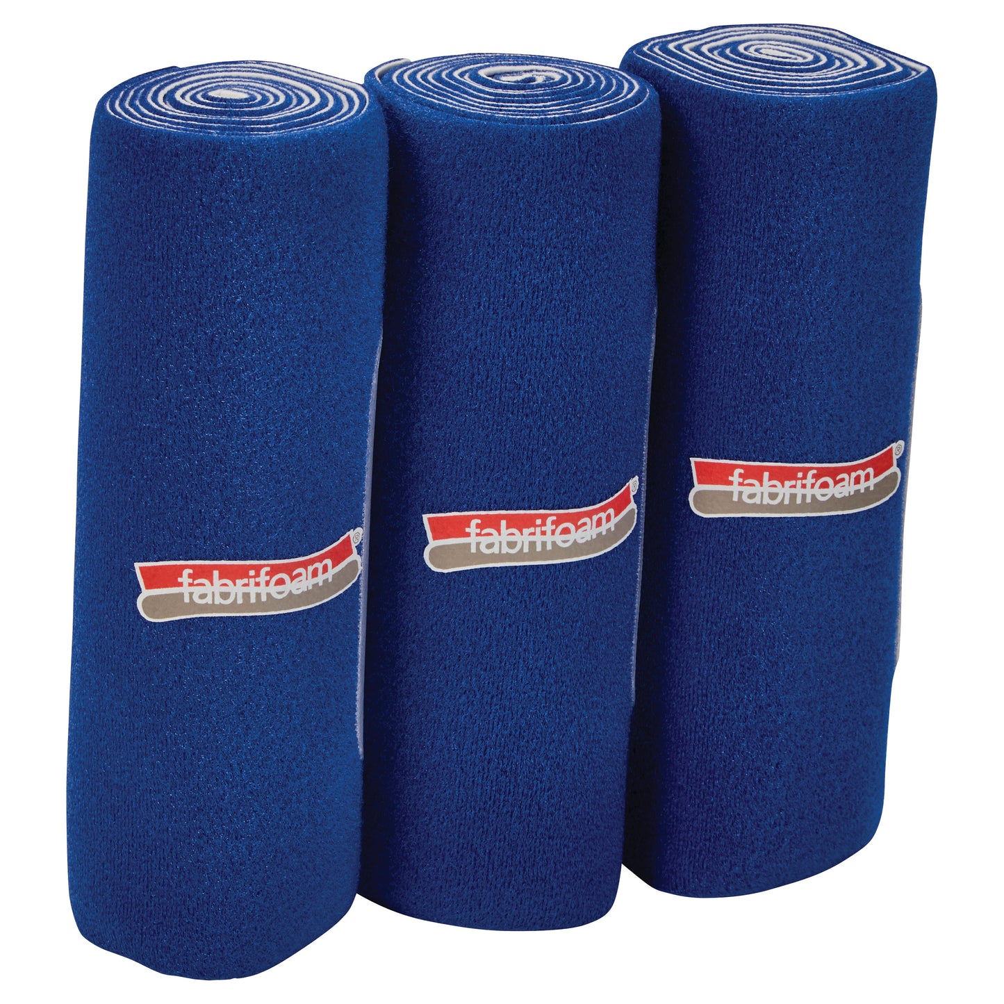 Three rolls of FabriFoam NuStim Wrap, blue in color, each featuring a logo label, standing upright in a row.