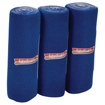 Three rolls of FabriFoam NuStim Wrap, blue in color, each featuring a logo label, standing upright in a row.