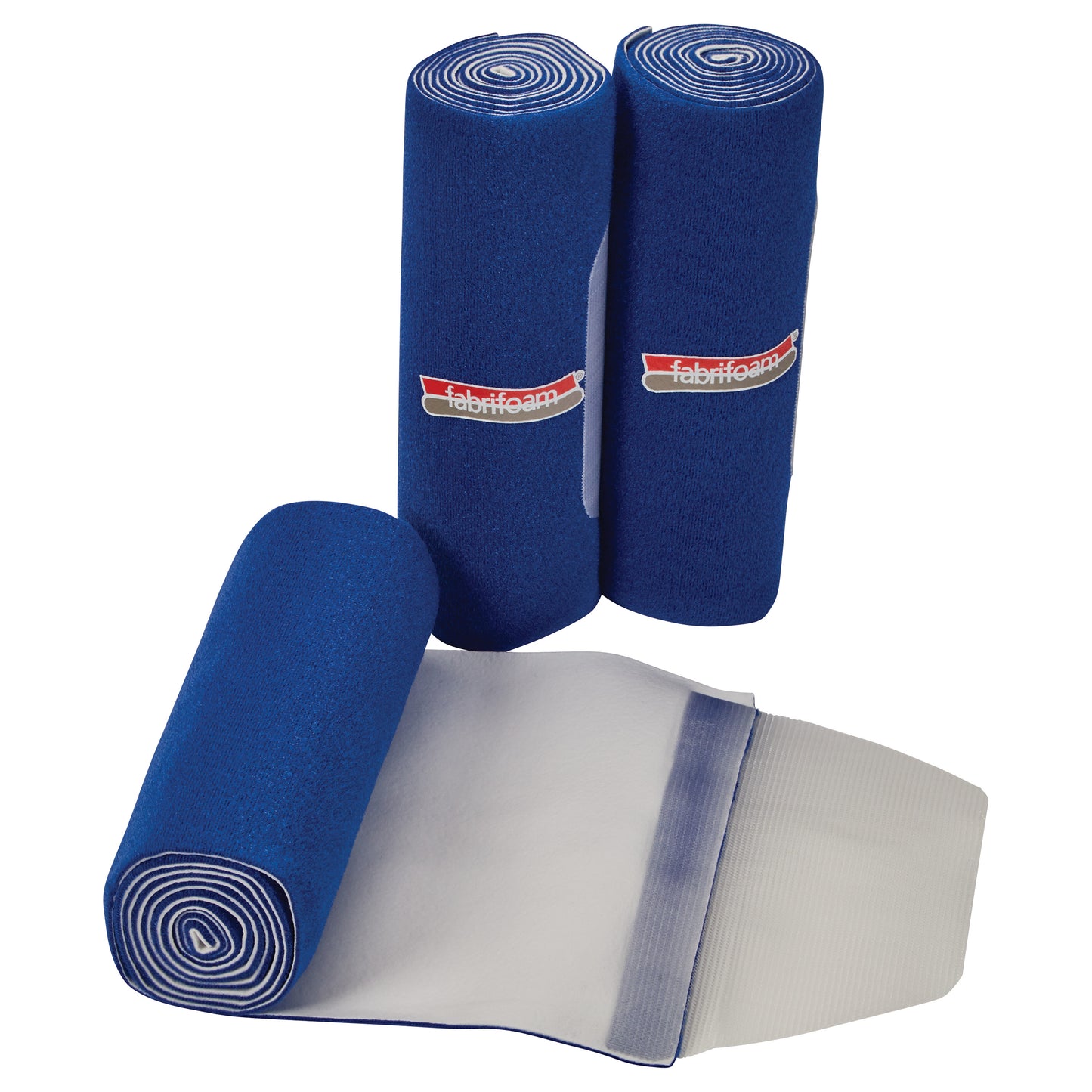 Three rolls of FabriFoam NuStim Wrap in blue, with one partially unrolled showing the textured inner surface.