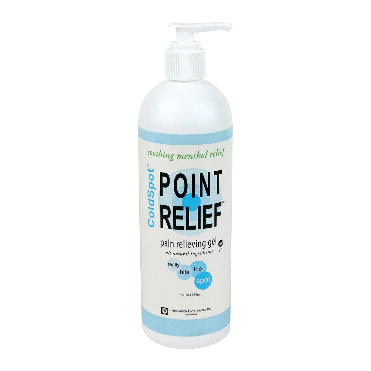 A bottle of Point Relief ColdSpot Pain Relief Gel with a pump dispenser, labeled for menthol relief and all-natural ingredients.
