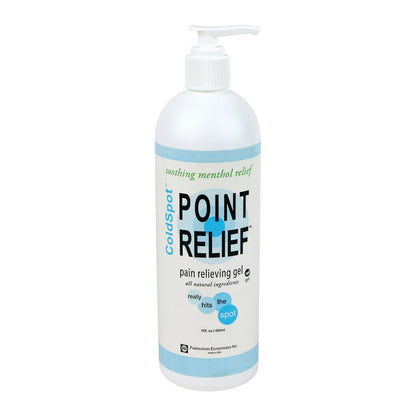 A bottle of Point Relief ColdSpot Pain Relief Gel with a pump dispenser, labeled for menthol relief and all-natural ingredients.
