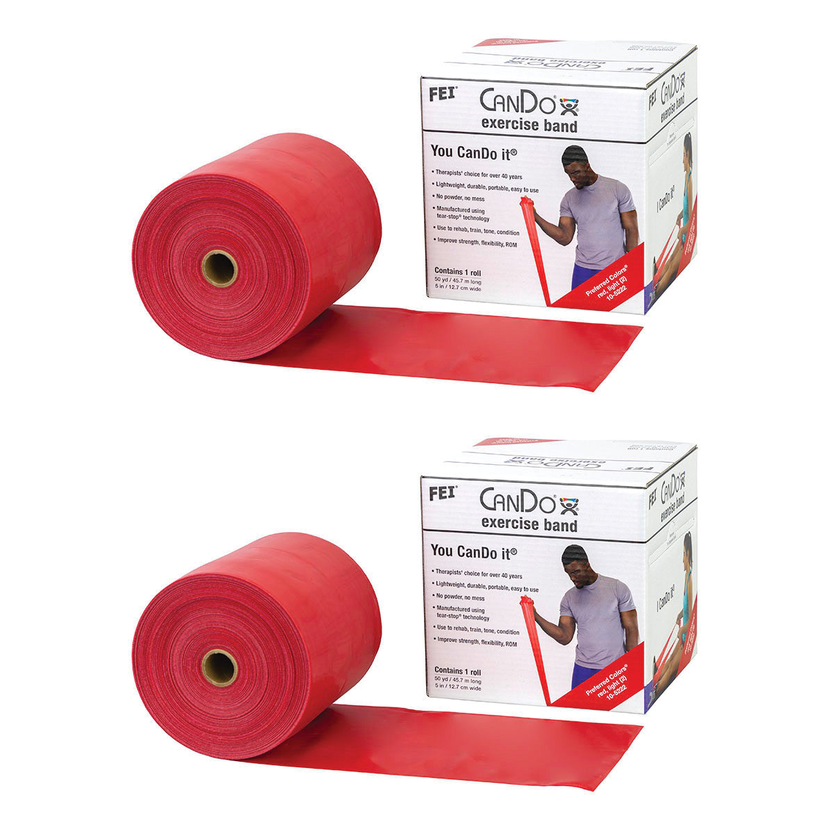 Two red rolls of CanDo Latex Exercise Band are displayed next to their packaging, showing a person using the band for exercise.