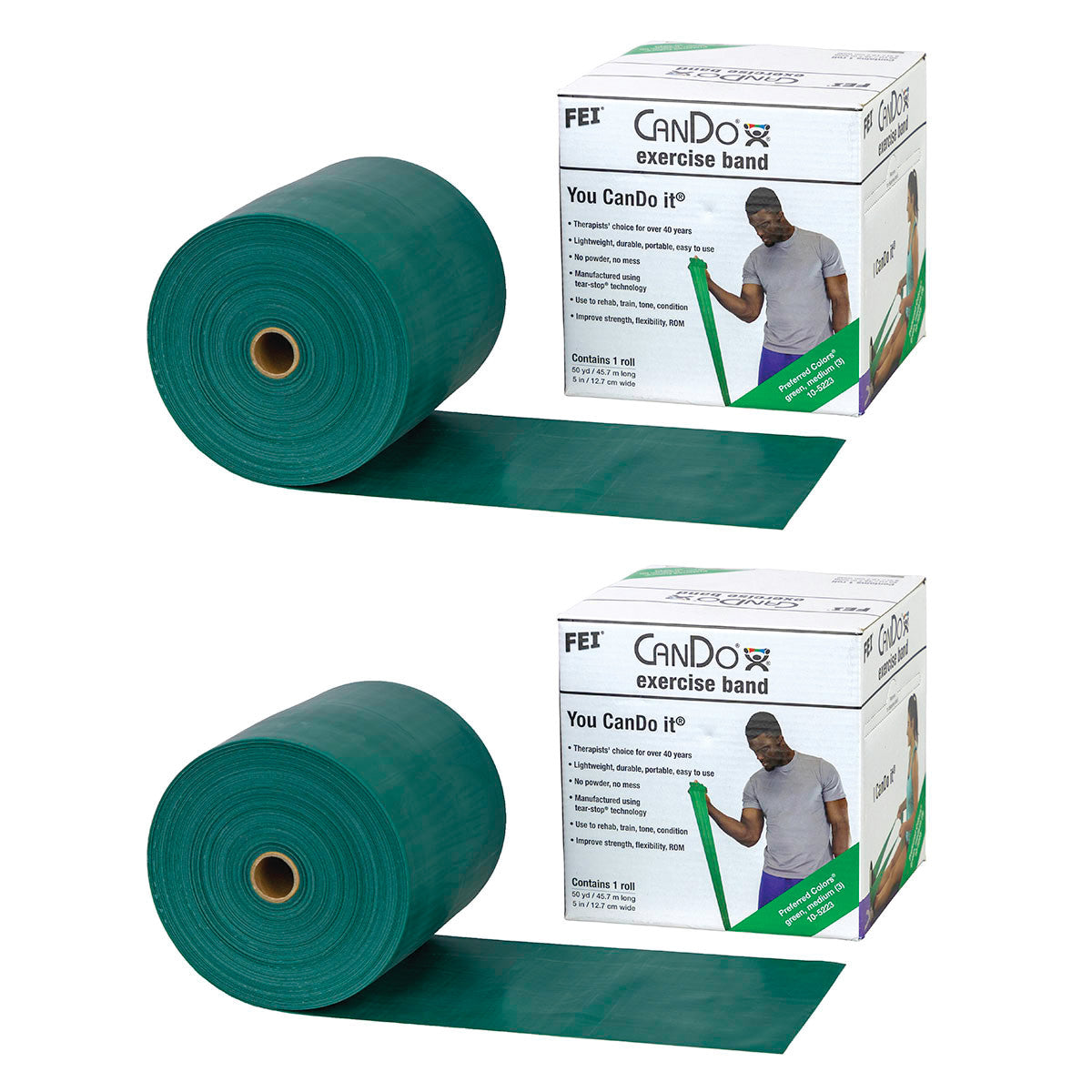 Two rolls of green CanDo Latex Exercise Band with product boxes featuring a person holding the band.