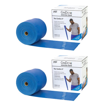 Two rolls of blue CanDo Latex Exercise Band are shown next to their packaging, featuring a person using the band.