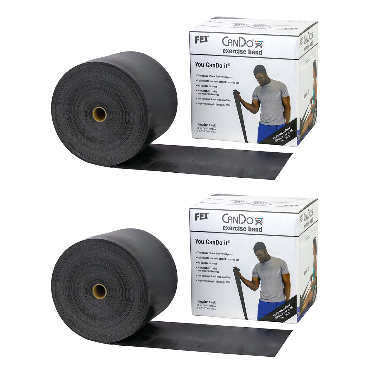 Two rolls of CanDo Latex Exercise Band with their packaging, featuring a person exercising printed on the box.