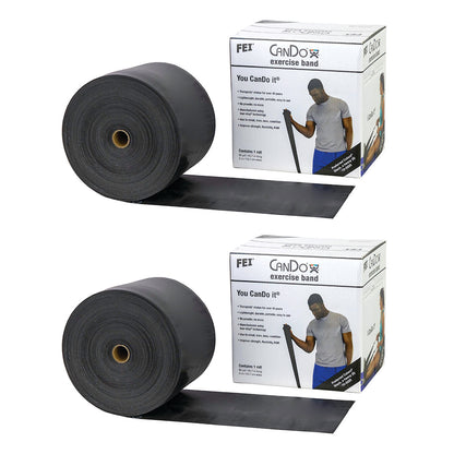Two rolls of CanDo Latex Exercise Band with their packaging, featuring a person exercising printed on the box.