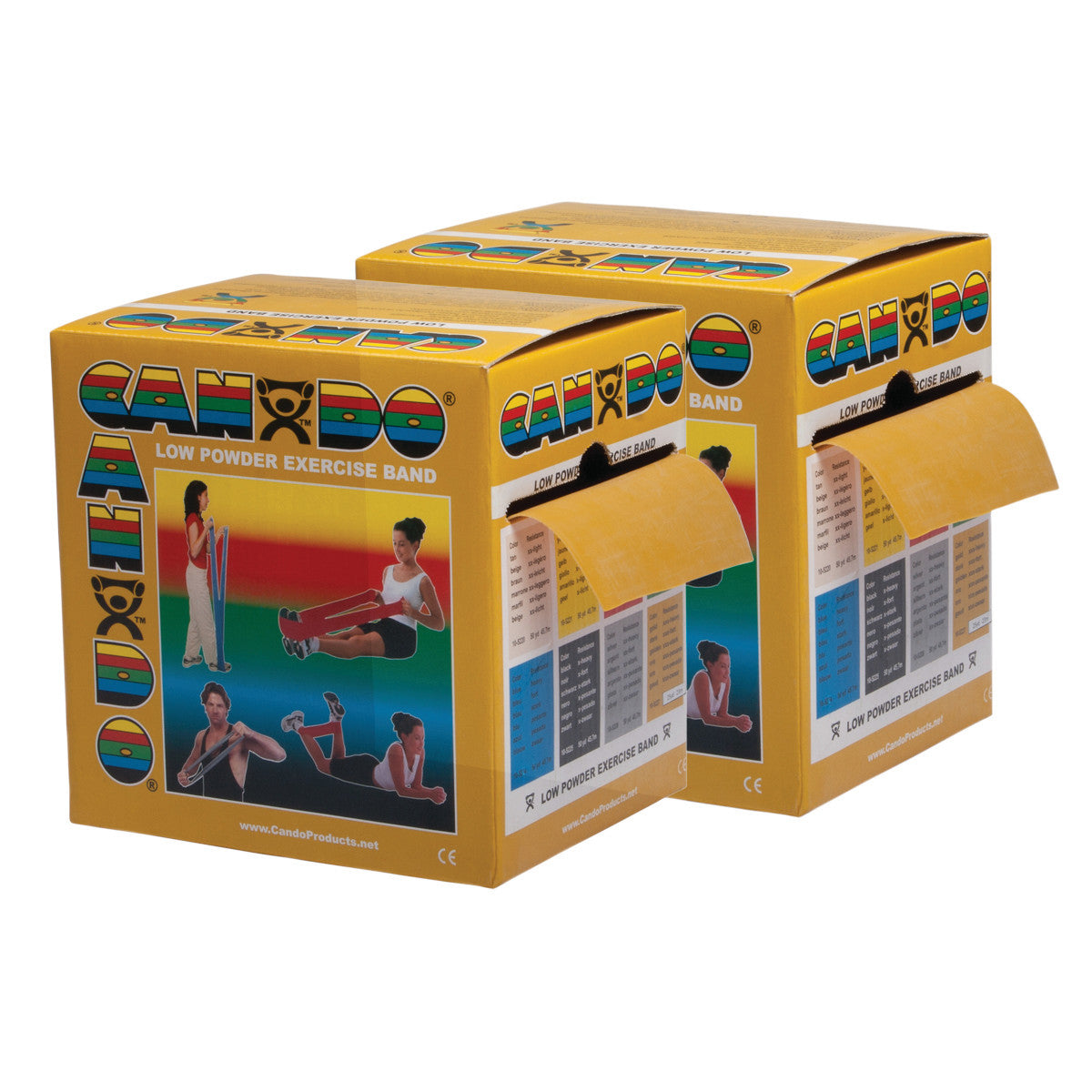 Two boxes of CanDo Latex Exercise Band in yellow packaging, featuring images of people exercising. Each box has an open flap.