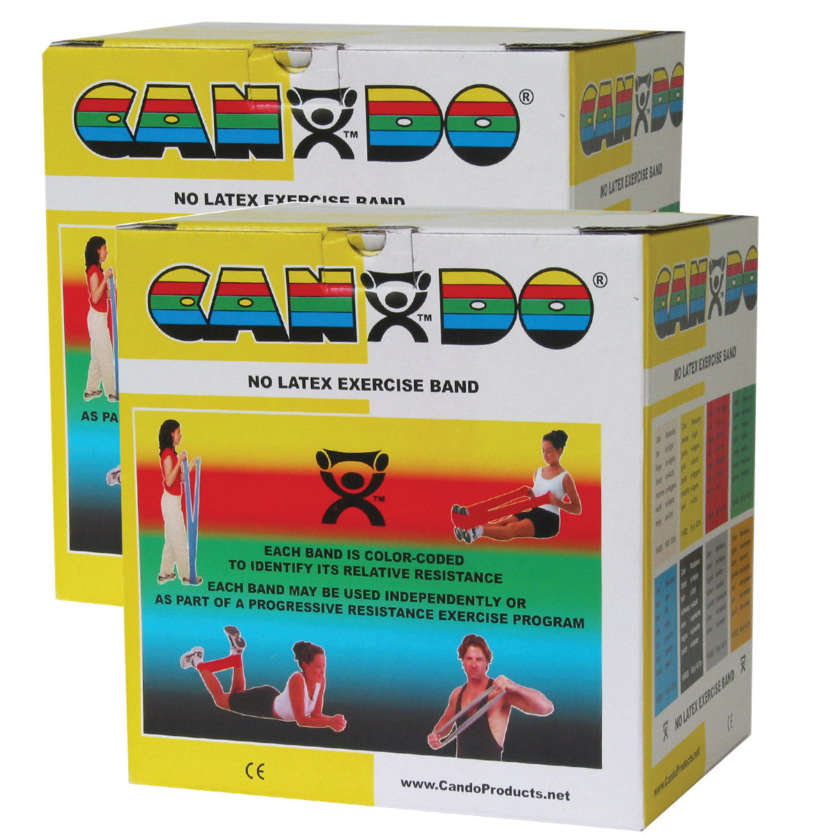 Two boxes of CanDo Non-Latex Exercise Band with images depicting their use in various exercises and a color-coded resistance guide.