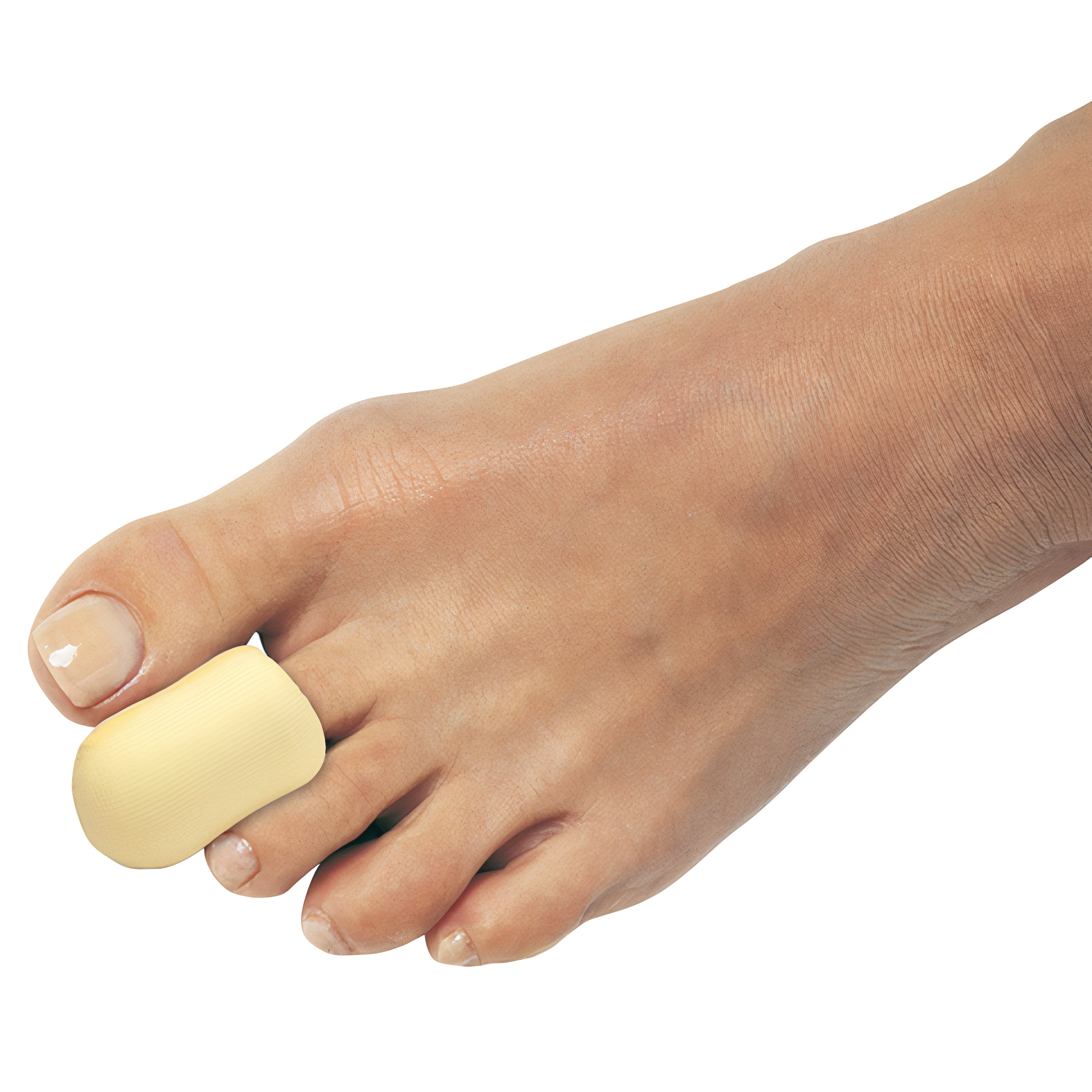 A foot with a PediFix Polyfoam Nylon-Covered Toe Cap on the big toe, designed for protection and cushioning.