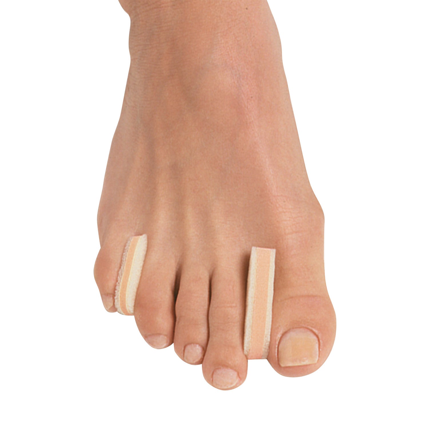 A foot wearing PediFix 3-Layer Toe Separators between the toes for alignment and comfort.