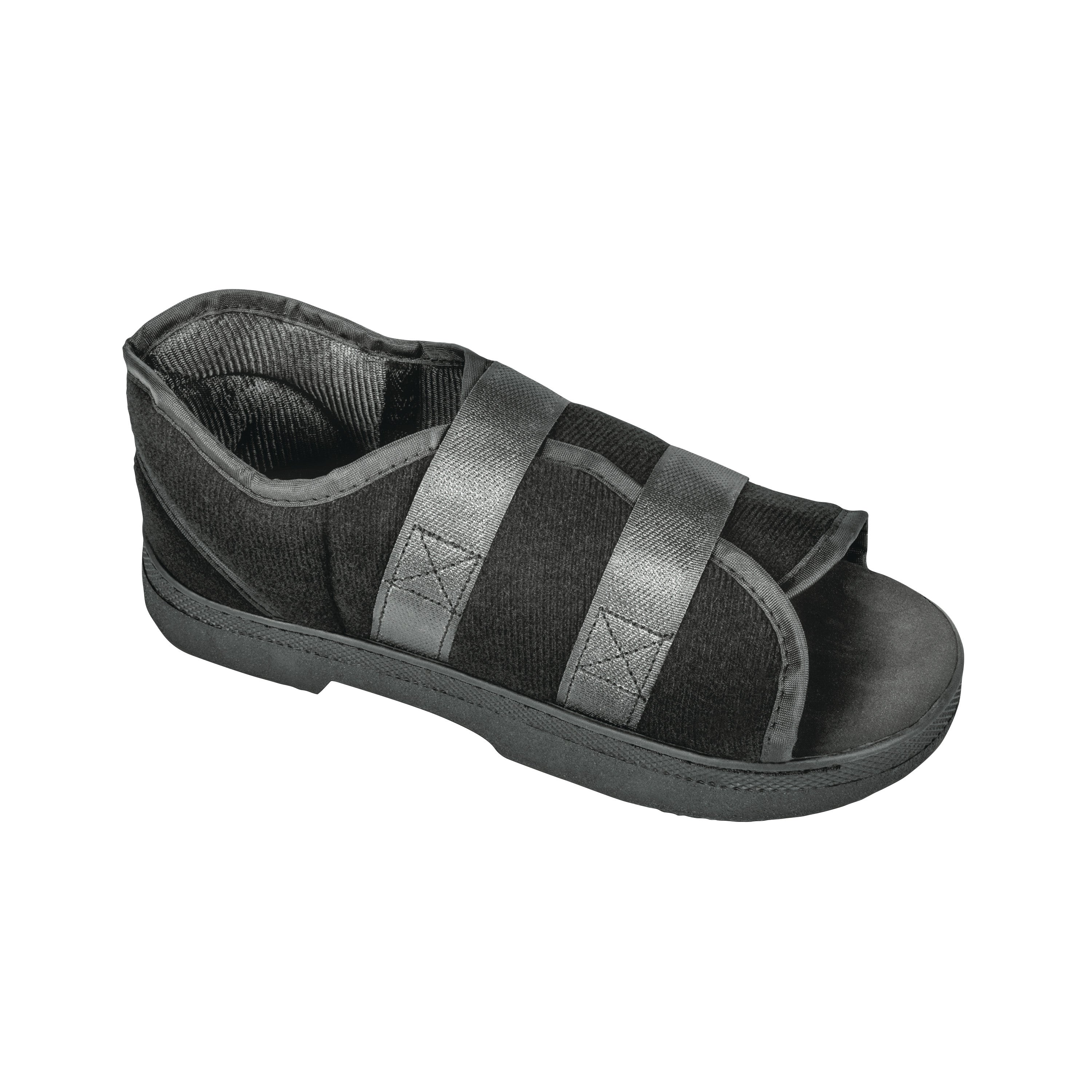 The DARCO Softie Shoe is a black medical shoe with an open toe, featuring two adjustable straps for secure foot support.