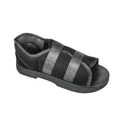 The DARCO Softie Shoe is a black medical shoe with an open toe, featuring two adjustable straps for secure foot support.