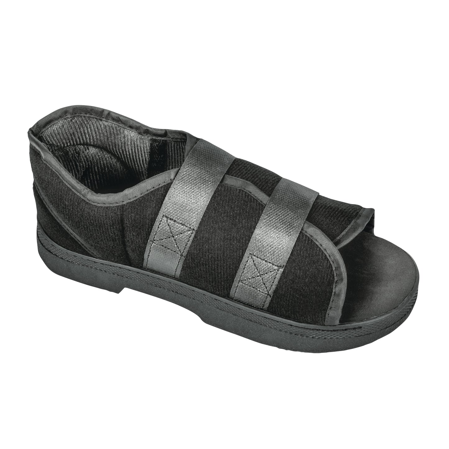 The DARCO Softie Shoe is a black post-operative shoe with two adjustable straps for foot stabilization and support.