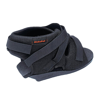 The Bauerfeind GloboPed Heel Relief Orthosis is a black orthopedic shoe with straps, designed to alleviate heel pressure.