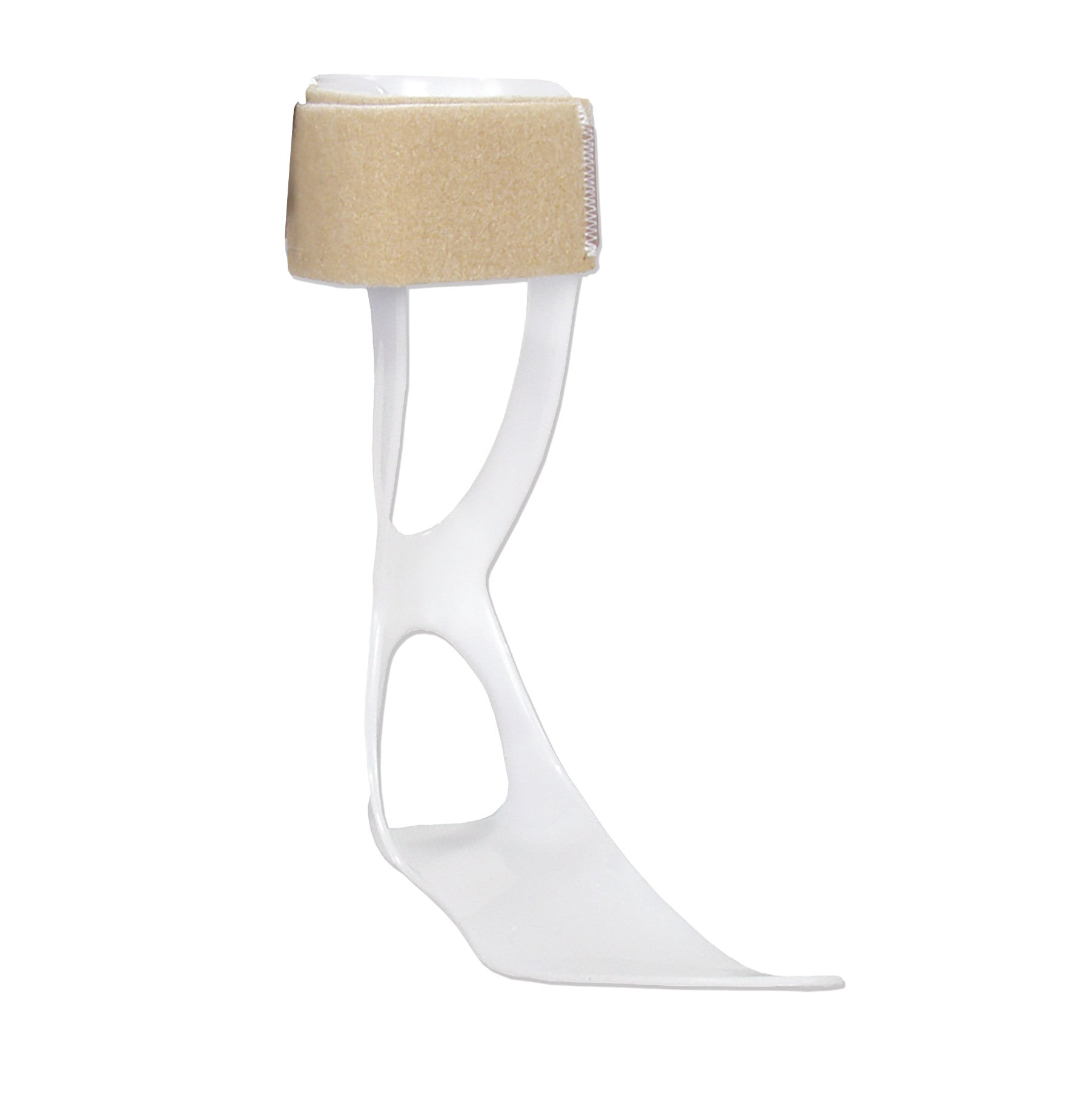 The AliMed FREEDOM Swedish AFO is a lightweight plastic brace with a beige strap, designed to support the foot and ankle.