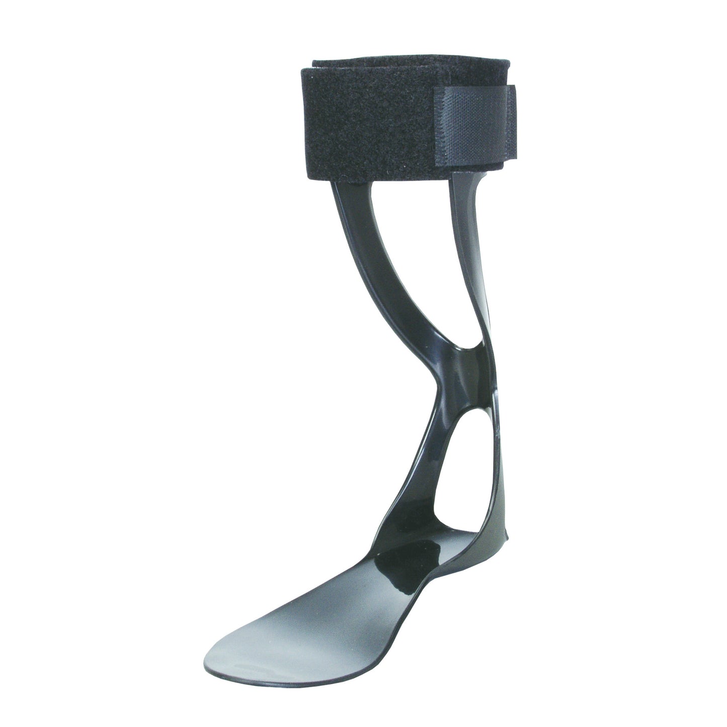 The AliMed FREEDOM Swedish AFO is a black ankle-foot orthosis with a supportive structure and adjustable strap at the top.