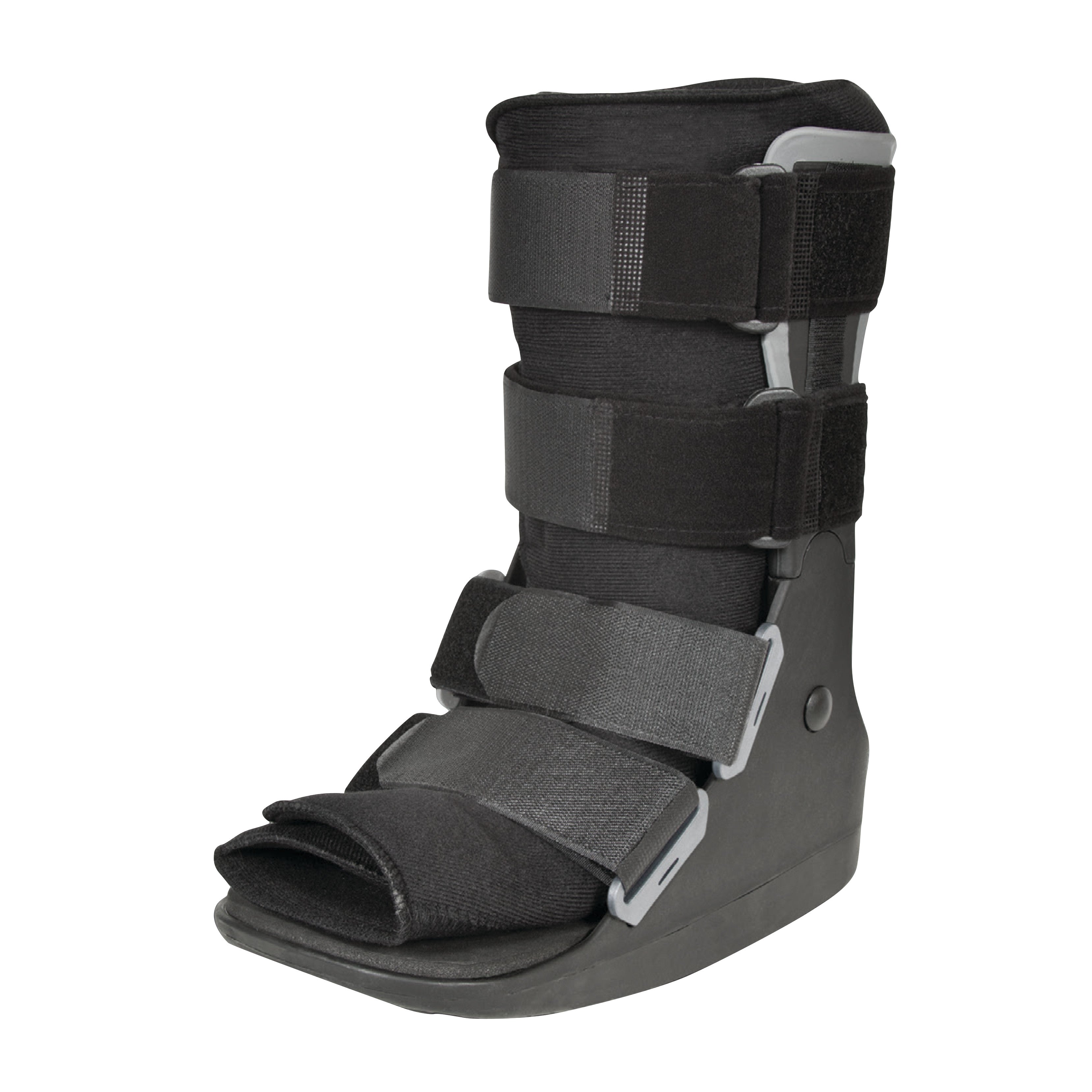 The DARCO FX Pro Low Walker is a medical boot with multiple straps for foot and ankle support, featuring an open-toe design.