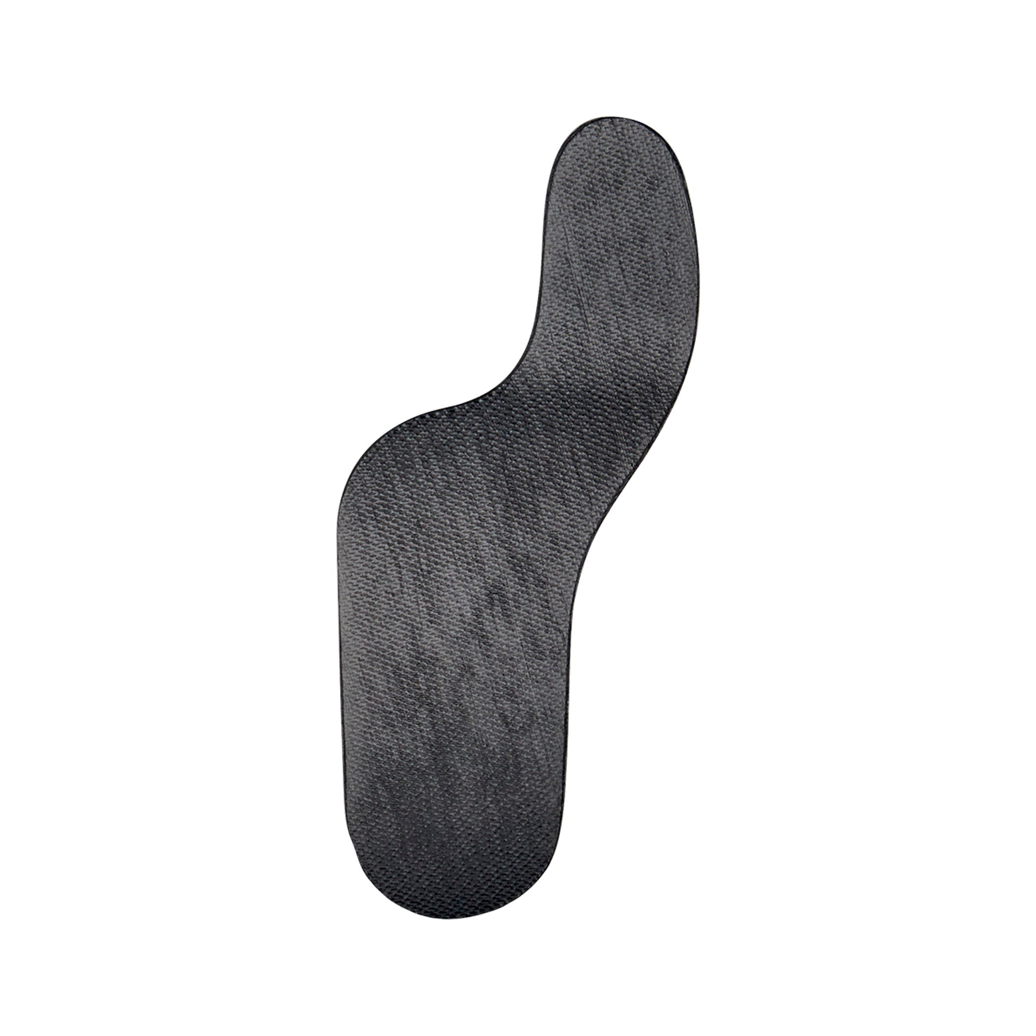 The Carboplast Thermoplastic Contoured Morton's Toe Plate is a black, contoured orthotic insert designed for foot support.
