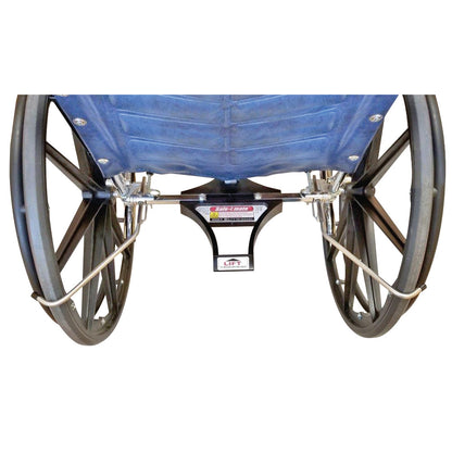 A wheelchair equipped with a Safe-t mate Anti-Rollback System, featuring large wheels and a blue fabric seat.