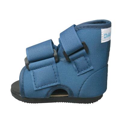 A blue DARCO Pediatric Slimline Cast Boot with two adjustable straps and open toe, designed for children with a cast.