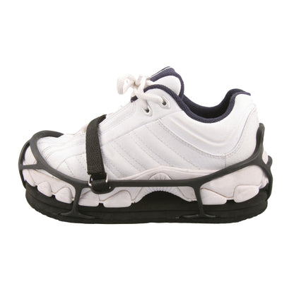 A white sneaker with an EVENup Orthotic Shoe Lift attached, featuring a black rubber sole and adjustable straps around the shoe.