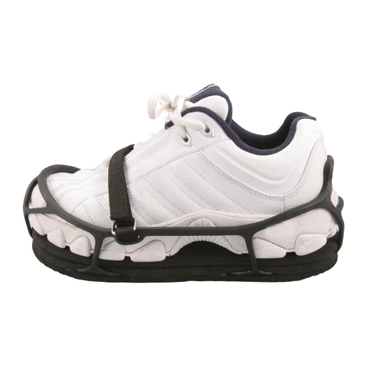 A white sneaker with an EVENup Orthotic Shoe Lift attached, featuring a black rubber sole and adjustable straps around the shoe.
