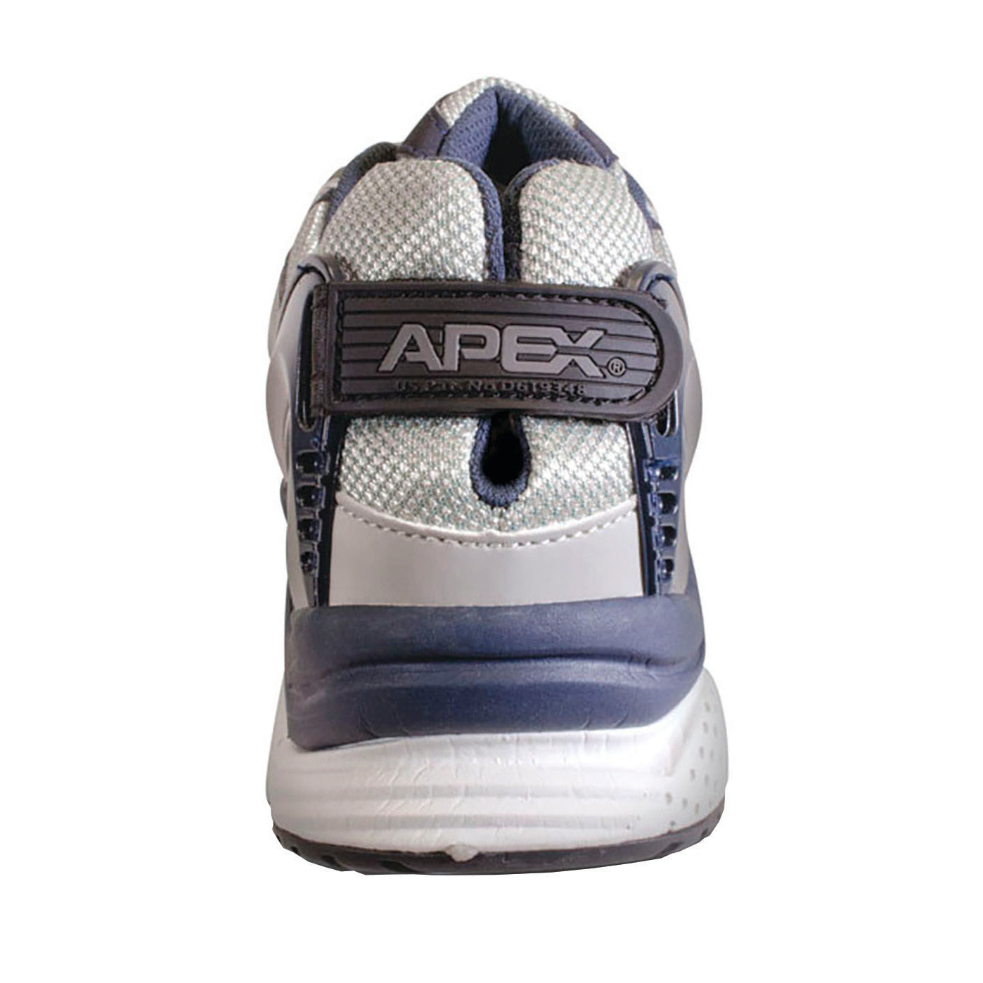 Rear view of Apex X-Last Men's Rhino Runner Active Shoes, showing a grey and navy color with a black branded strap.