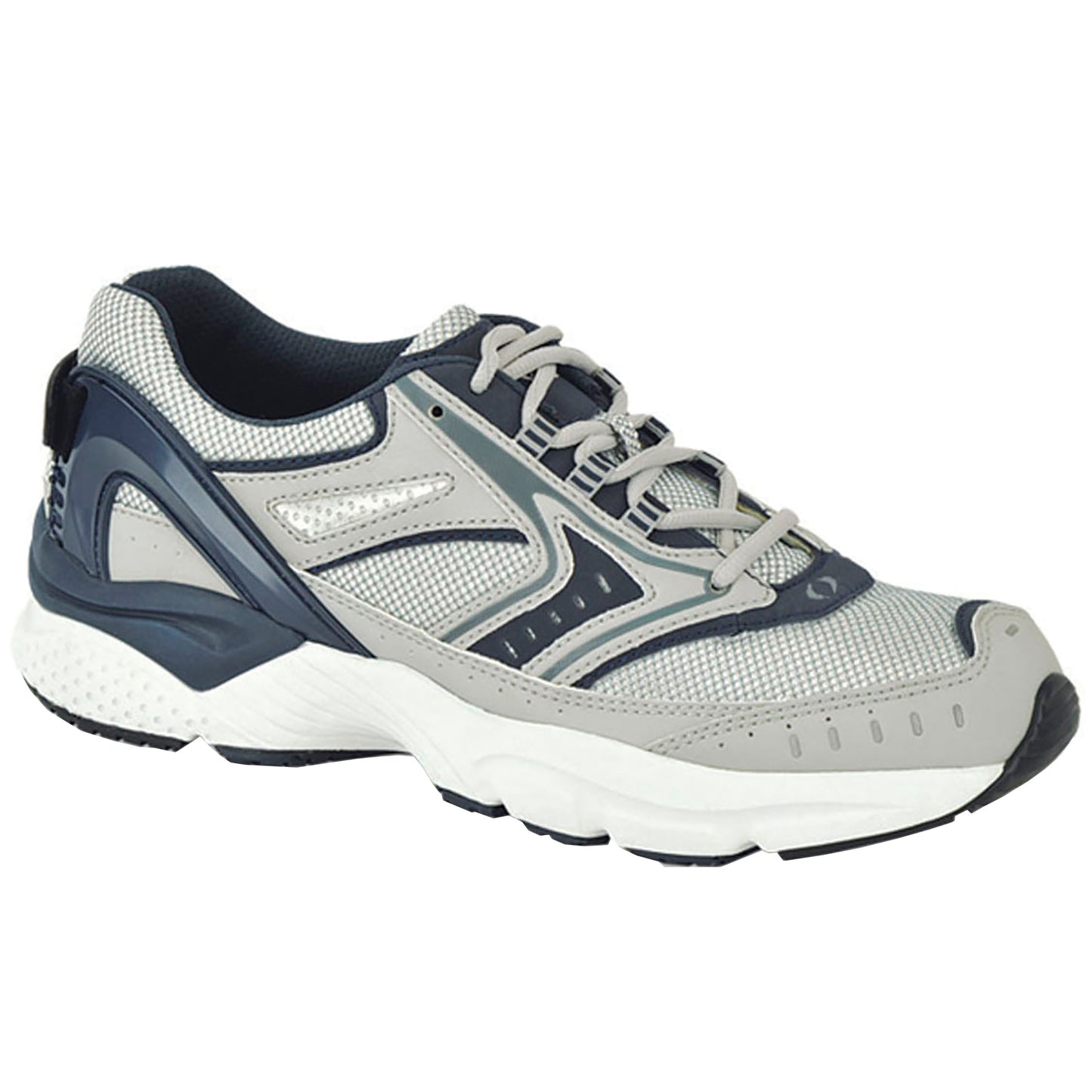 A gray and navy athletic shoe with mesh detailing, laces, and a sturdy sole, identified as Apex X-Last Men's Rhino Runner Active Shoes.