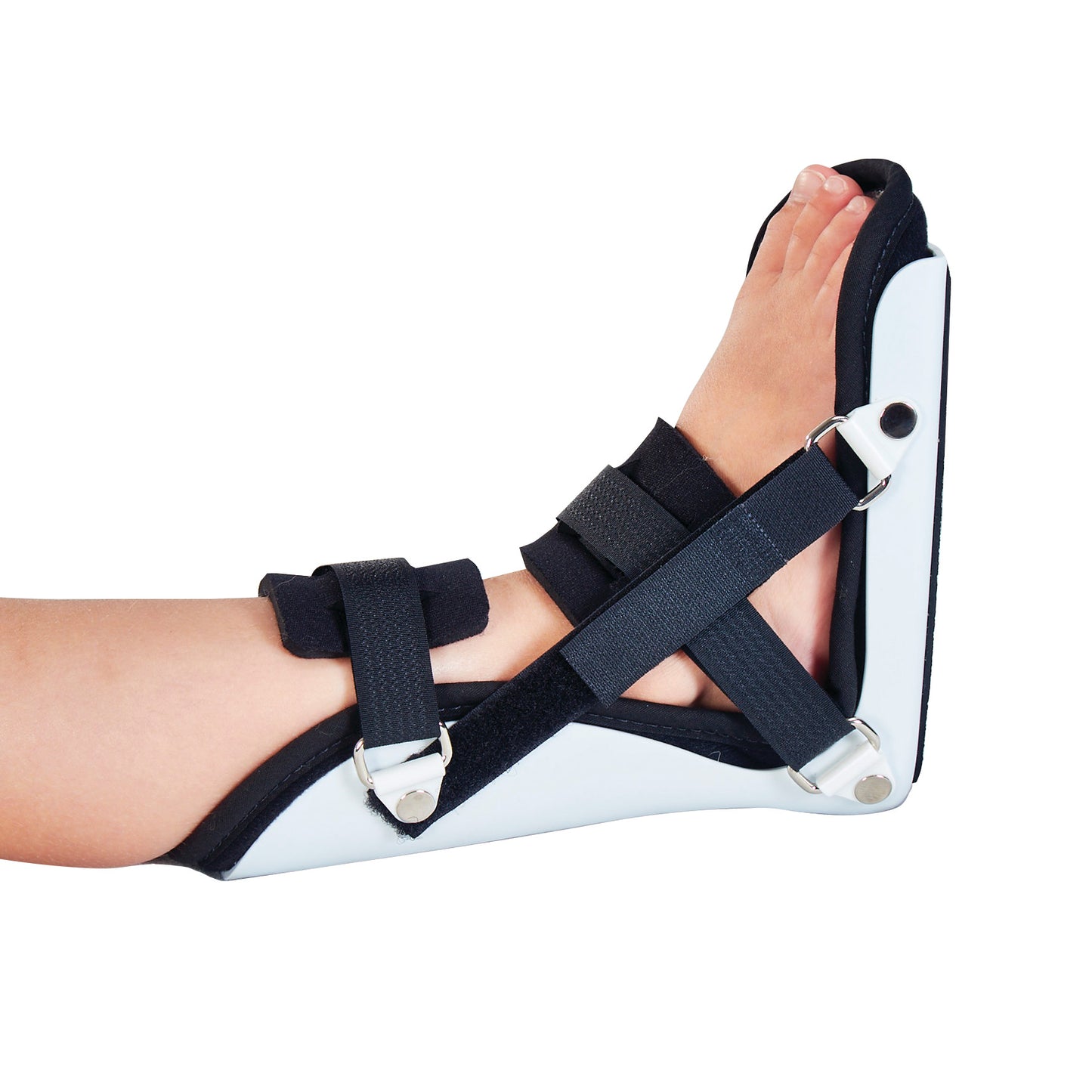 A child's foot is secured in an AliMed Classic Pediatric Night Splint with black straps, featuring a white and black design.
