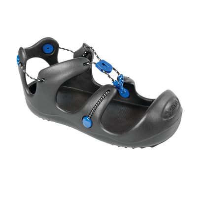Black DARCO Body Armor Cast Shoe with blue accents and adjustable cord fasteners for providing protection and stability.