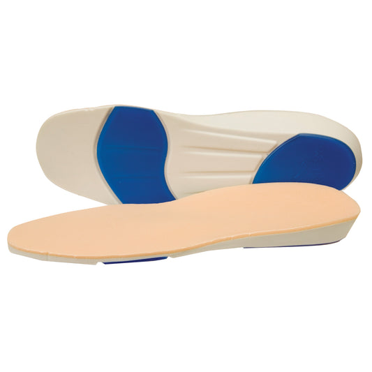 A pair of Apex Anti-Shox Conform Orthotic with Gel insoles featuring a beige top layer and blue gel cushioning on the bottom.