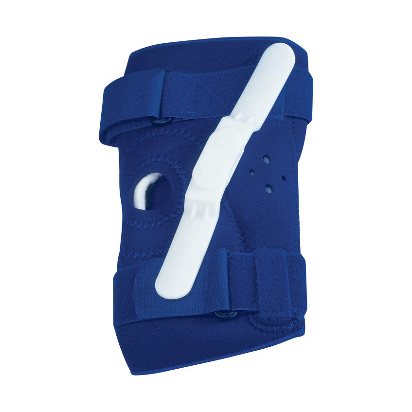 A blue AliMed Neoprene Hinged Knee Support with adjustable straps and a white hinge for added knee stability.