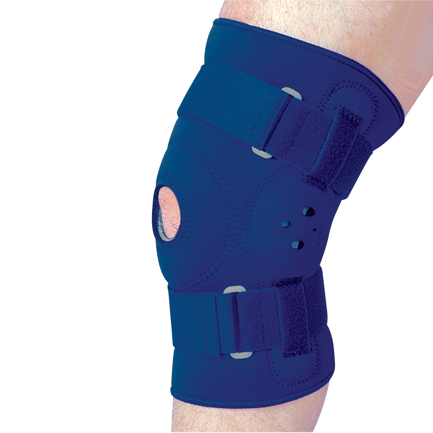 A blue AliMed Neoprene Hinged Knee Support worn on a leg, featuring straps and an open patella design for stability.
