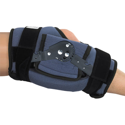An OCSI Static Air Knee Orthosis with adjustable dials and straps is fitted on an arm for support or rehabilitation.