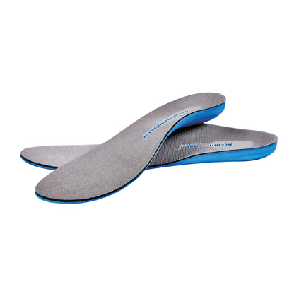 AliMed FREEDOM Accommodator Full-Length Semi-Rigid PRO Insoles with a grey top layer and blue base, displayed overlapping each other.