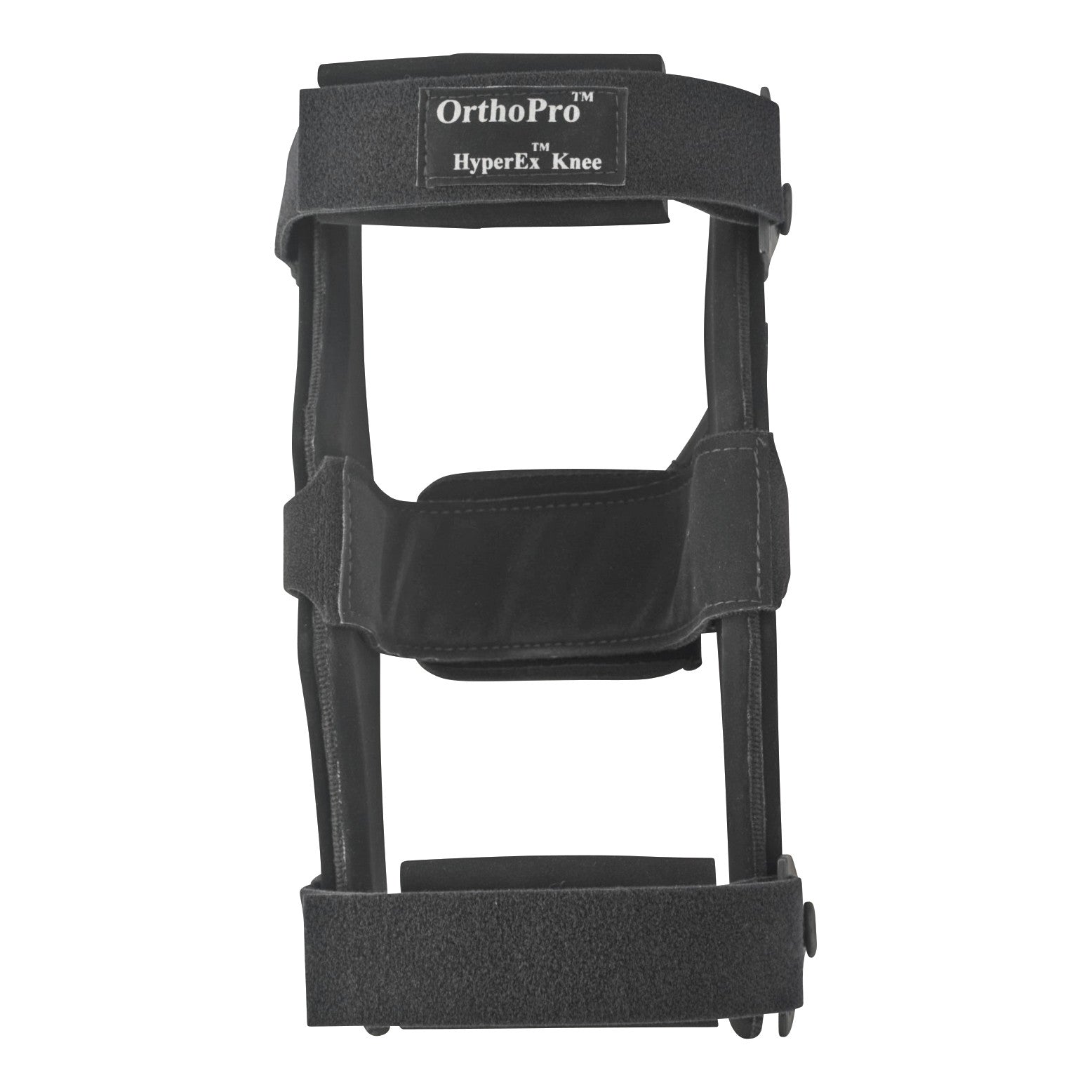 The OrthoPro HyperEx Knee Orthosis is a black knee brace with adjustable straps for support and stabilization.