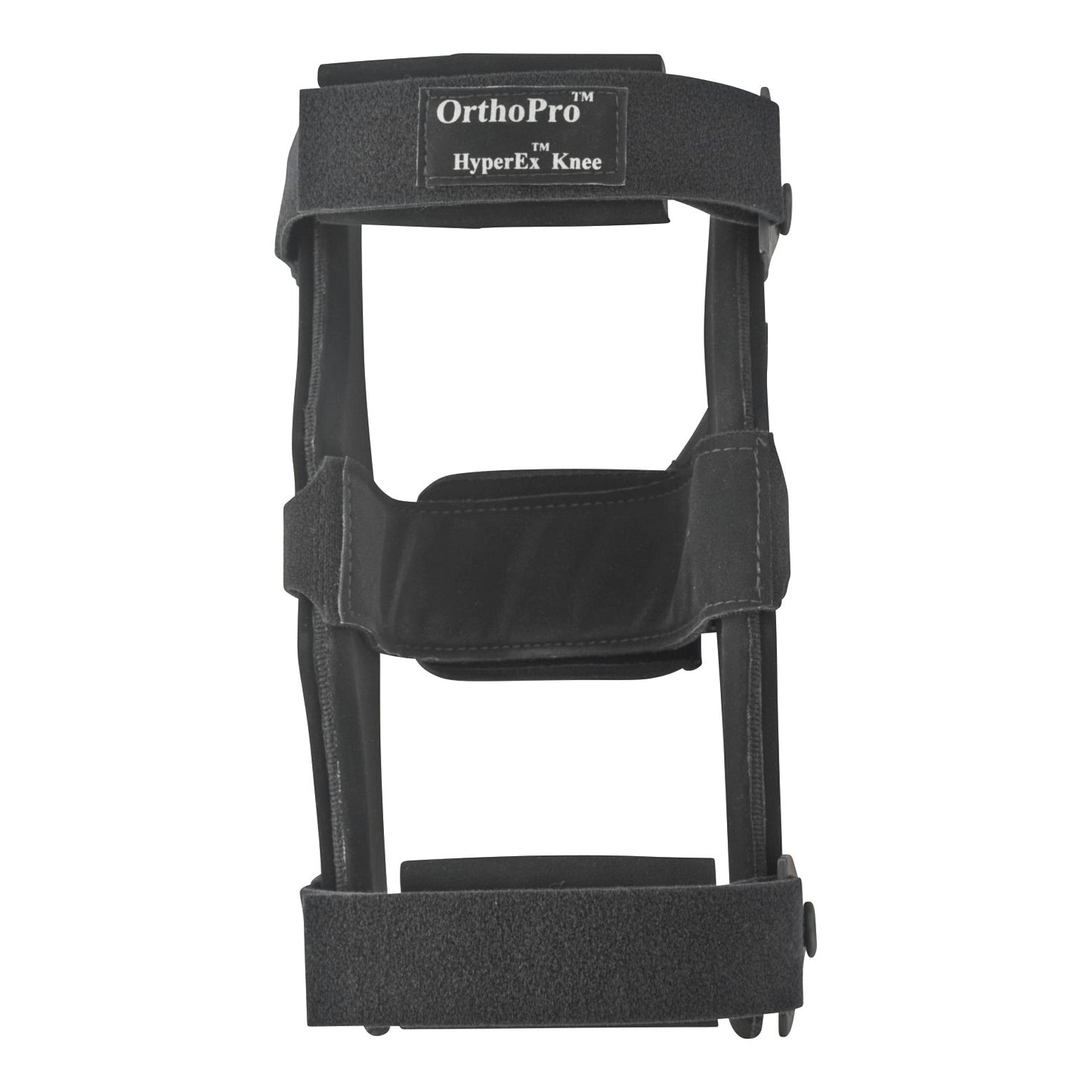 The OrthoPro HyperEx Knee Orthosis is a black knee brace with adjustable straps designed to stabilize and support the knee.