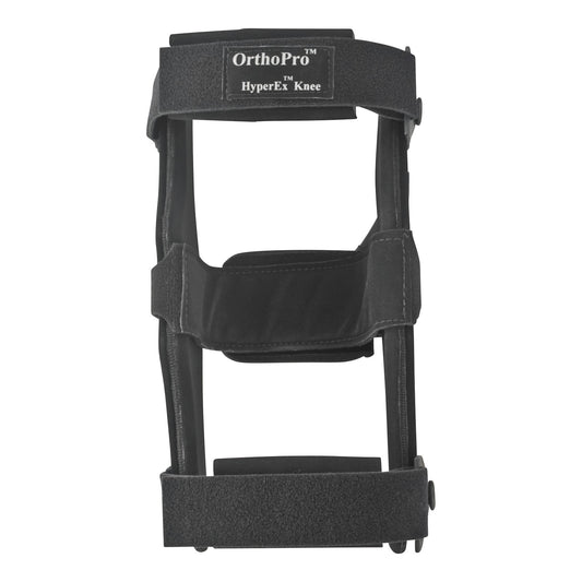 The OrthoPro HyperEx Knee Orthosis is a black knee brace with adjustable straps designed for support and stabilization.