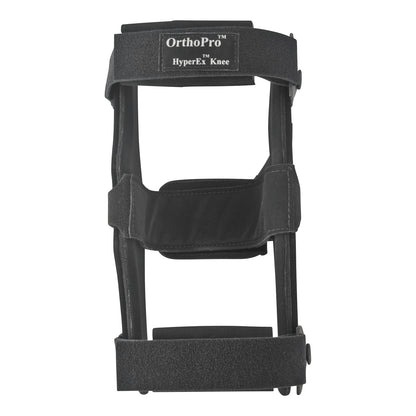 The OrthoPro HyperEx Knee Orthosis is a black knee brace with adjustable straps for support and stabilization.