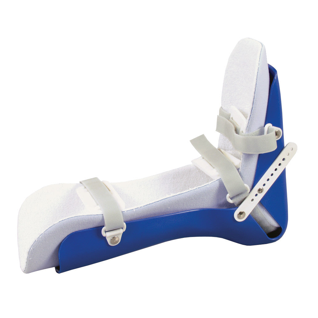 The image shows an AliMed Early Fit Adjustable Night Splint in blue and white with adjustable straps for foot support.