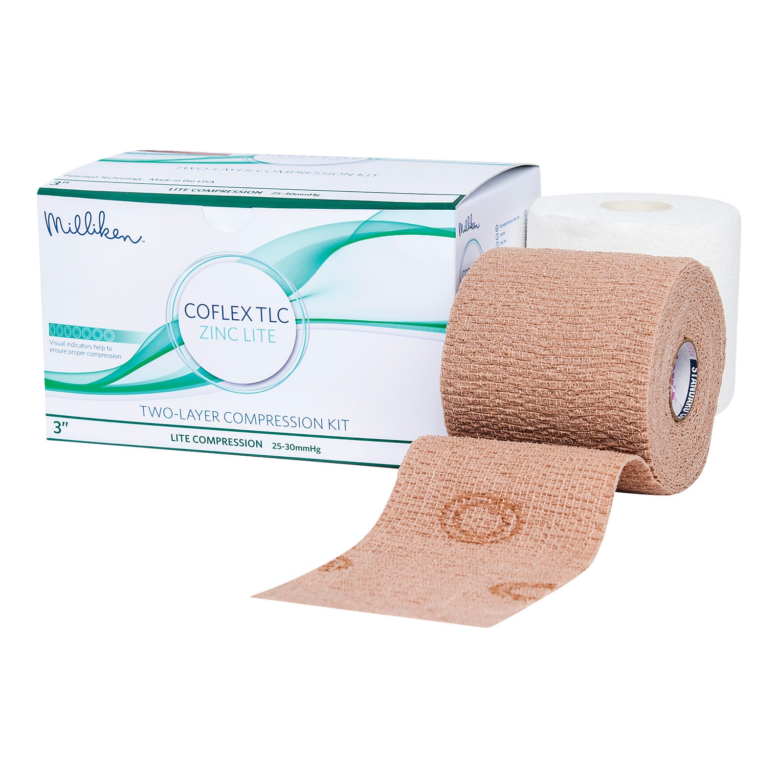 CoFlex TLC Zinc Lite Compression Kit with two-layer compression bandages, one beige and one white, displayed next to the box.