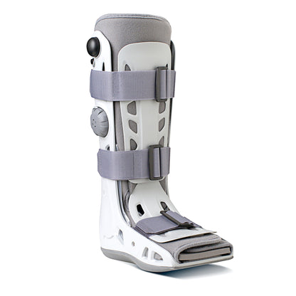 The Aircast AirSelect Standard Walker Boot features a white and gray design with adjustable straps and a cushioned interior.