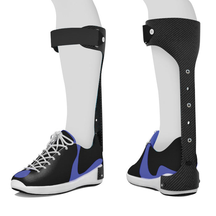 A pair of legs wearing the EZ Dorsi Assist AFO braces with black and blue shoes, featuring adjustable straps and carbon fiber panels.