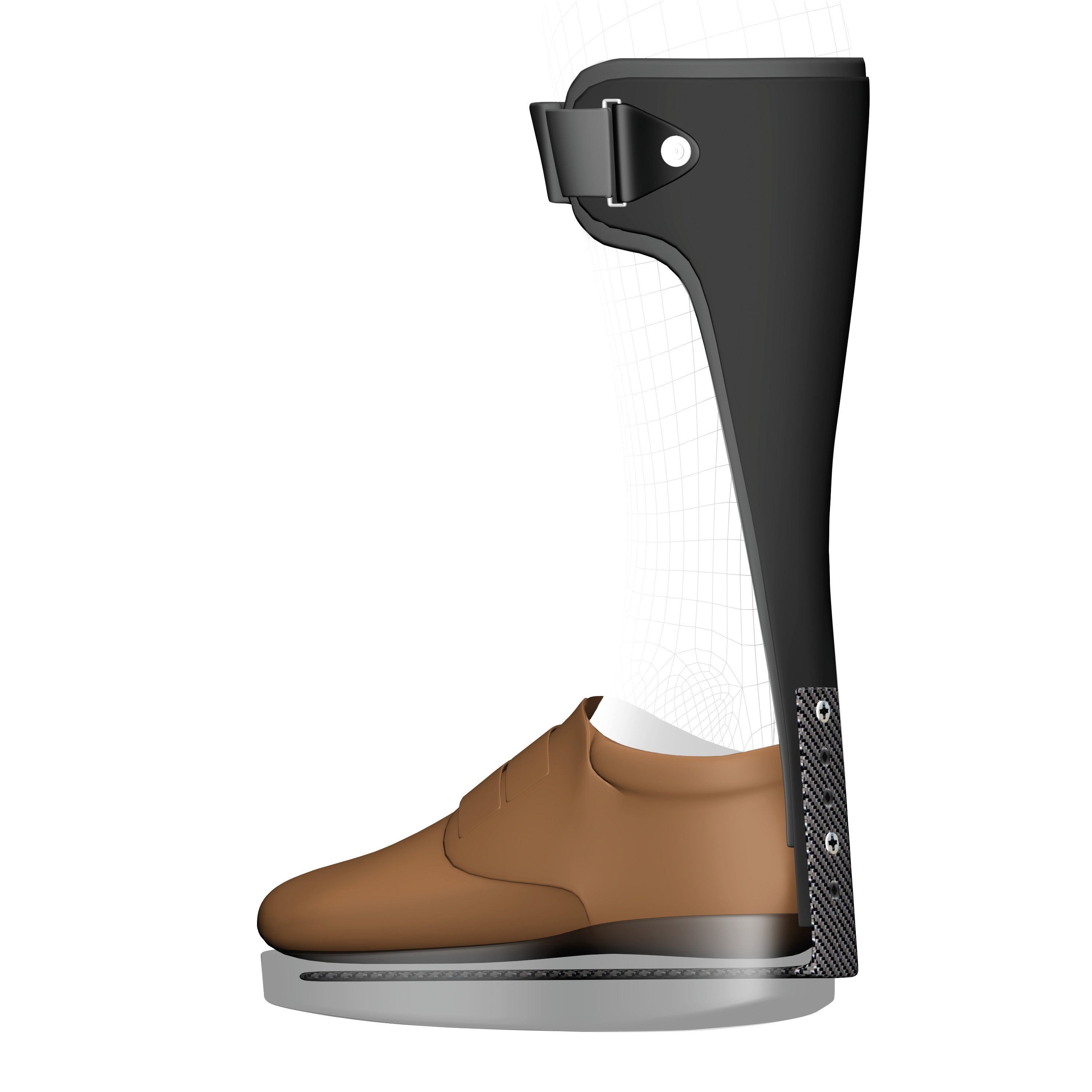 A leg wearing the Schwartz Dynamic Carbon Fiber AFO with a brown shoe, featuring a black brace and strap for support.